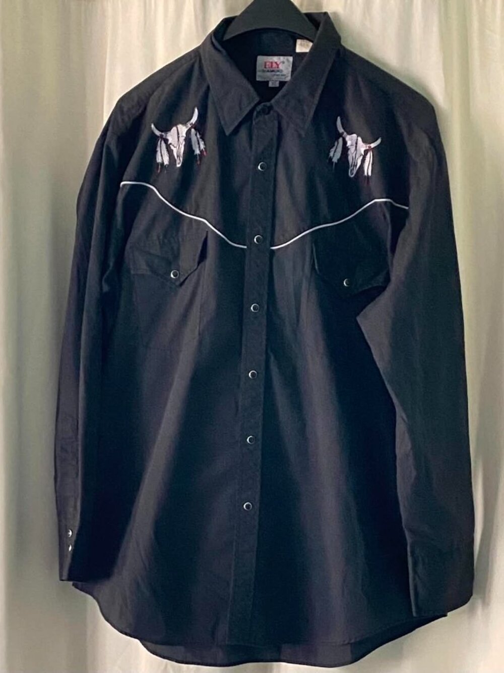 Ely Diamond Western Shirt Men XL Black Embroidered Steer Skull Snap Front Cowboy